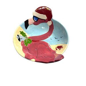 Hand-Painted Ceramic Flamingo Christmas-Themed Serving Bowl Oval Shape